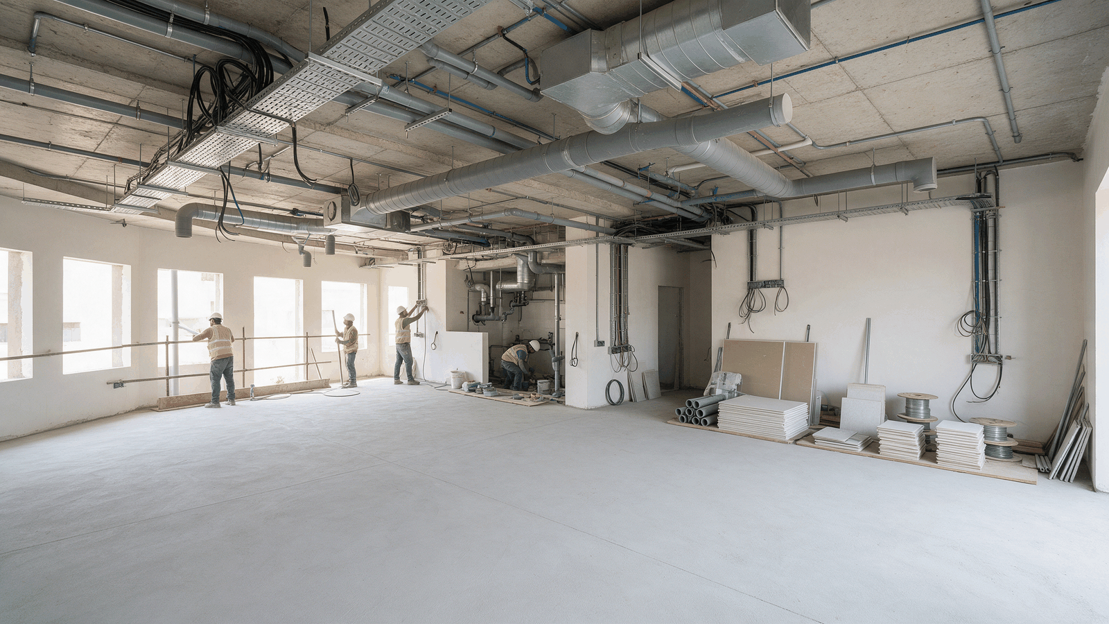 Electricians, plumbers and HVAC installers preparing an empty restaurant shell